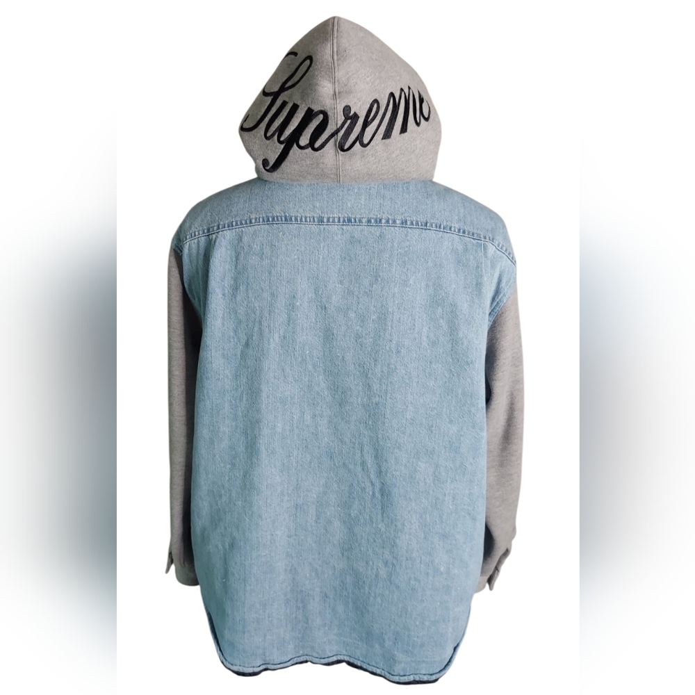 Supreme FW22 | Denim | Button Up | Quilted Fleece | 90s Style Gray Hooded Jacket - Picture 4 of 16